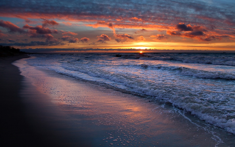 water, orange sky, 1080P, sunset, skyscape, beach, sea foam, sea