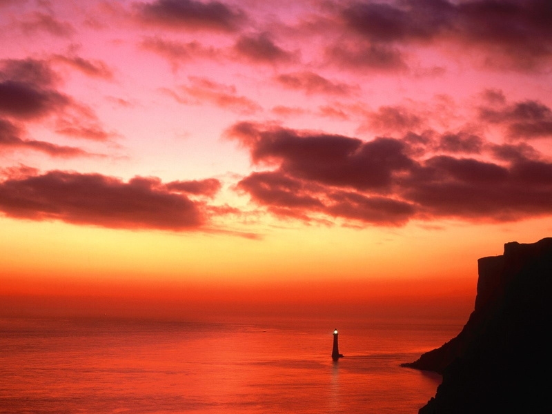 sea, skyscape, cliff, sunset, lighthouse, 720P, coast