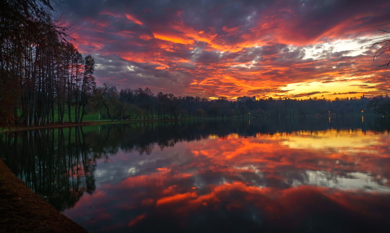 1080P, reflection, skyscape, landscape, sunset, orange sky, lake