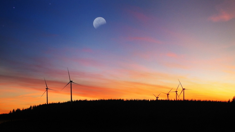 wind turbine, landscape, 1080P, sunset, wind farm, skyscape, Moon