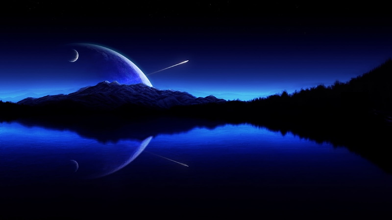 lakes, 720P, hd, nature, art, Blue, x, night, sillhouette, water
