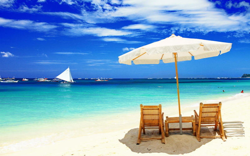 2K, pretty, tropical beach, sand, relax, sunny, nature, blue, chair, clouds, boat, beach, umbr, tropical