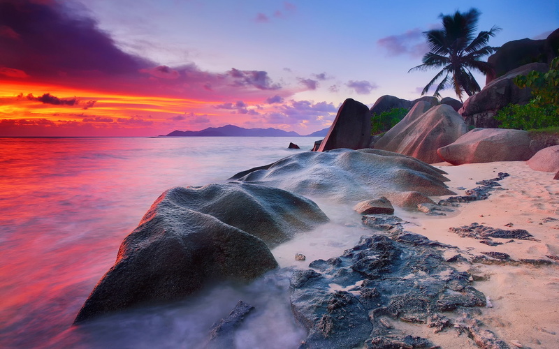 Ocean, Island, digue, la, Stones, Palm, Sunset, Indian, Trees, Sea, Seychelles, 1080P