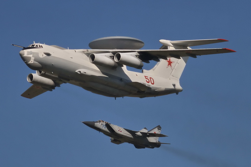 two, army, mode of transportation, interceptor, flying, detection, air vehicle, fighter, vapor trail, AWACS, sky, outdoors, side view, airplane, no people