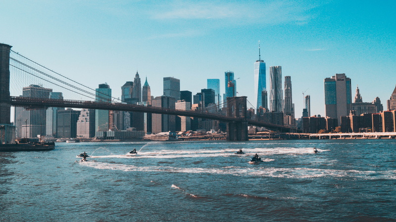 New York City, scyscrapers, Brooklyn Bridge, water, jetskis, cityscape, 5K