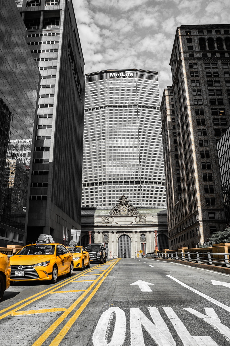 urban, new york, office building exterior, modern, car, skyscraper, black and white, road marking, skylight, building exterior, cab, cityscape, no people