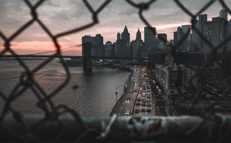 road, scyscrapers, New York City, fence, cityscape, car, sea, city, bridge, Brooklyn Bridge, 1080P