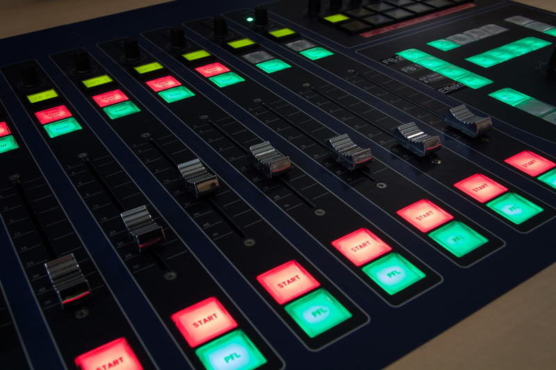 machinery, arts culture and entertainment, illuminated, sound recording equipment, director desk, green color, variation, push button, images, radio network