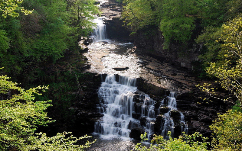 green, falls, pictures, resolution, 1080P, scotland, landscapes, rivers, water, nature, high, trees, waterfalls