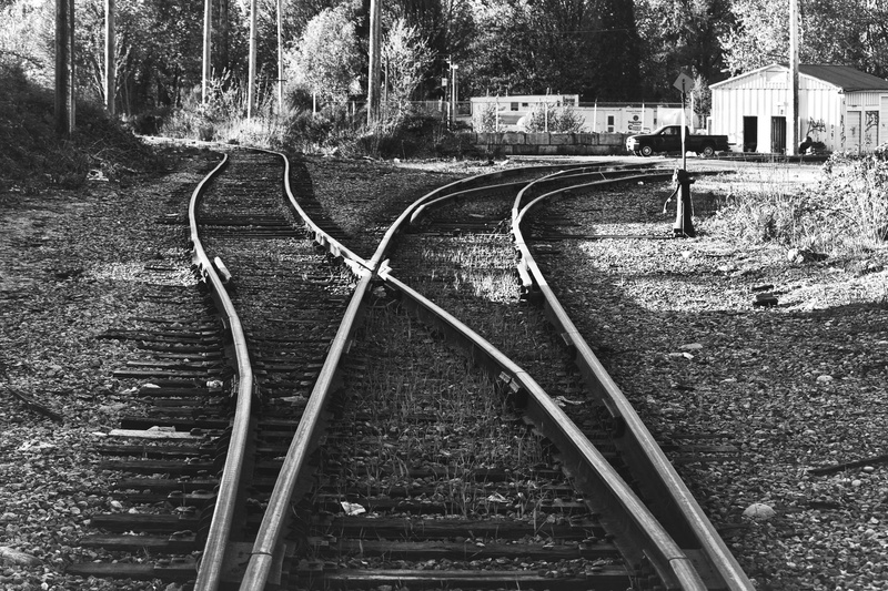 rail transportation, black and white, canada, building exterior, abbotsford, outdoors, forest, railroad track, connection, land, plant, tree, metal, train