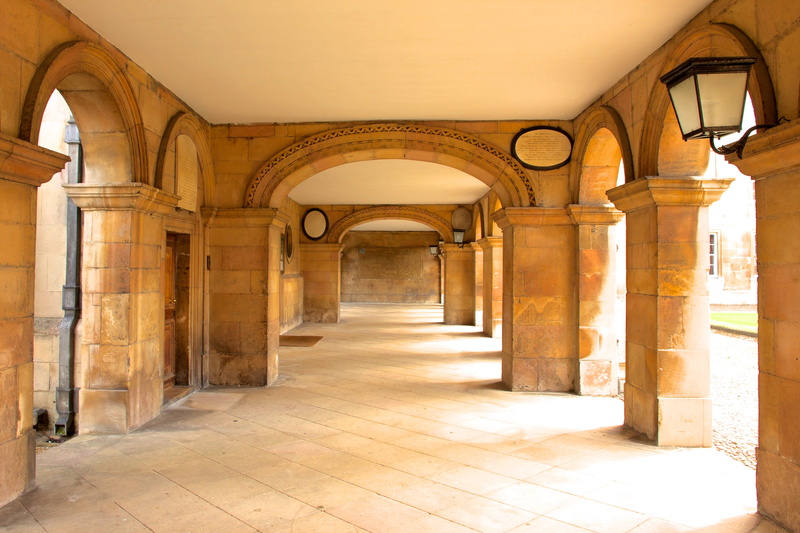 history, indoors, arch, building, built structure, cambridge, arcade, 4K, tiled floor, emmanuel college, electric lamp, ceiling, architectural column
