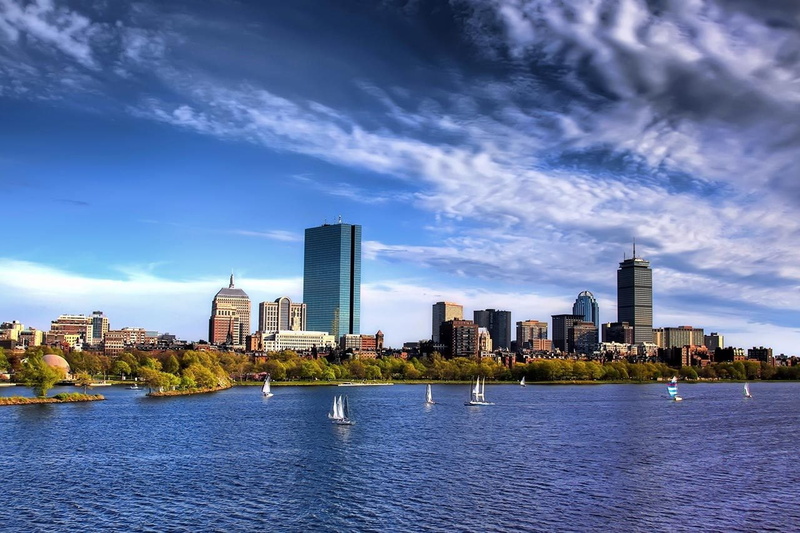 office building exterior, financial district, nature, Boston, cloud - sky, spire, outdoors, cityscape, architecture, office, water, 720P, sky, landscape