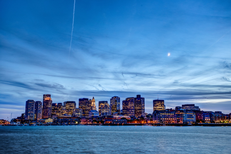 city, skyscraper, urban Scene, famous Place, built Structure, cityscape, park  City, Downtown Boston, boston, skyline, uSA, night, architecture, sea, just after sunset