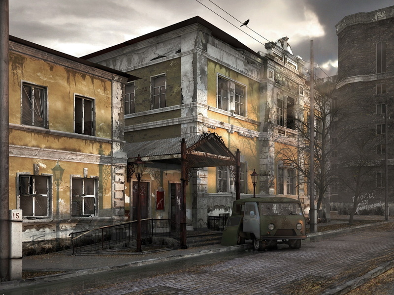 cars, paintings, plants, Pripyat, technology, crow, 720P, apocalypse, art, vehicles, hd, cities, uaz, Streets, ruins