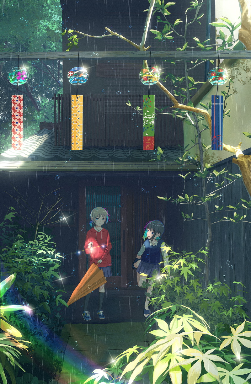 school uniform, umbrella, rain, trees, 2K, plants, rainbows, anime girls, wind chimes, smiling