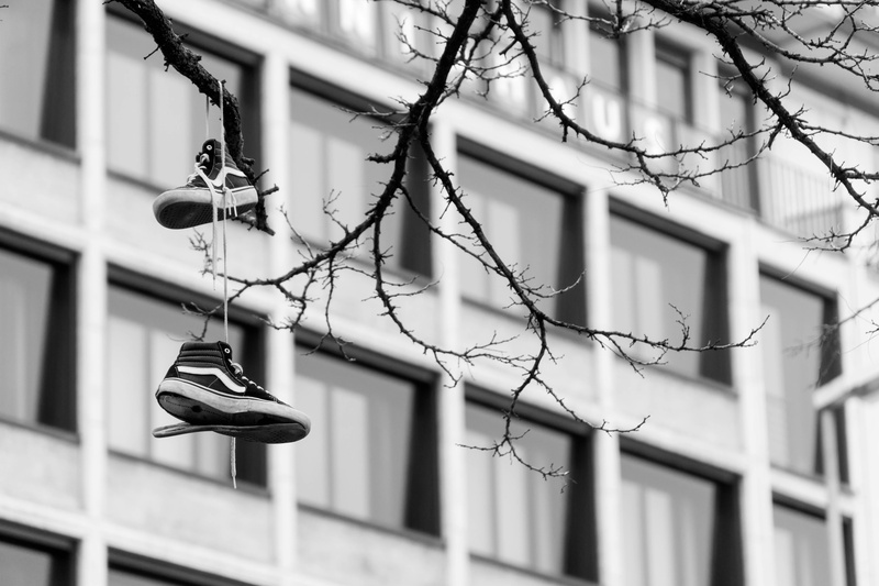 vertebrate, apparel, city, built structure, day, footwear, hanging, building exterior, metal, low angle view, urban, shoe, focus on foreground, sneaker