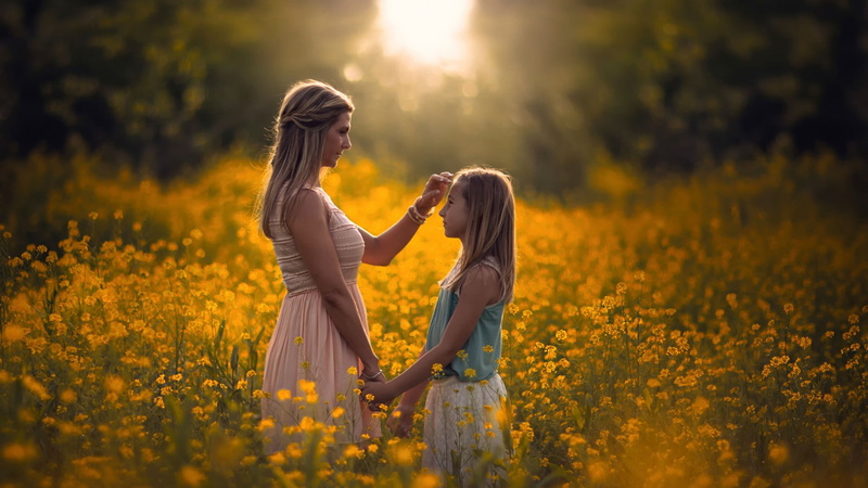 springtime, positive emotion, children, hairstyle, women outdoors, plant, land, landscape, flowering plant, Mother, sunset, 1080P, hair, flower, young adult