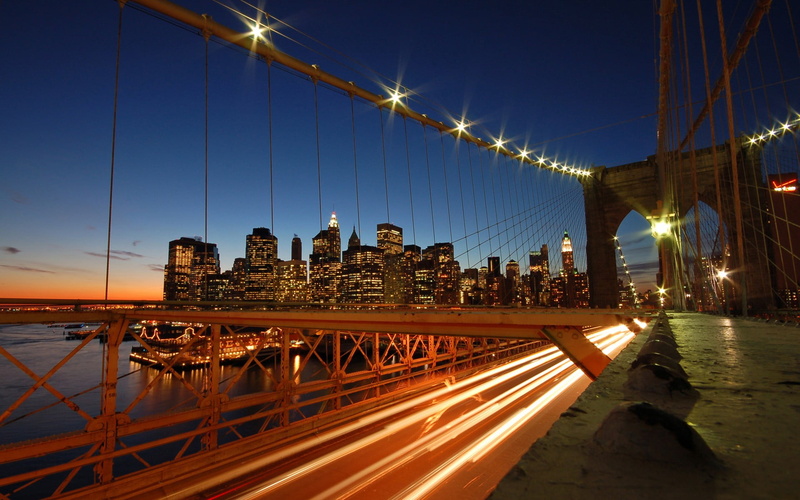lights, city, connection, New York City, built structure, water, skyscraper, illuminated, sky, light trail, evening, building exterior, transportation