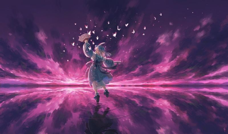 veil, skies, bows, hats, touhou, arms, water, skyscapes, bangs, blue, yuyuko, games, reflections, hair, anime, butterflies, girls, video, fans, socks, pink