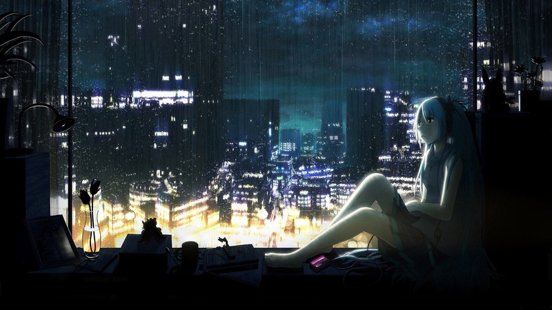 mp3, hatsune, miku, flowers, clouds, water, cityscapes, books, night, rain, wet, dark, player, window, girls, long, headphones, vocaloid, skirts, anime