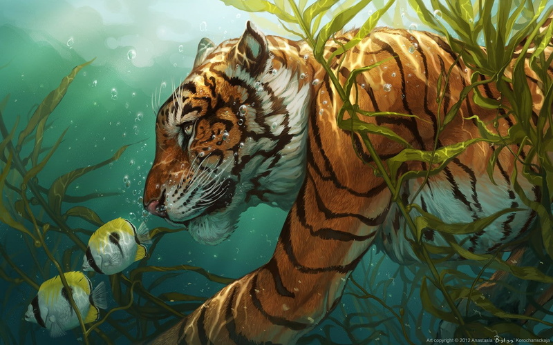 x, hd, fandom, fish, Tigers, skyscapes, furry, water, 720P, animals, art