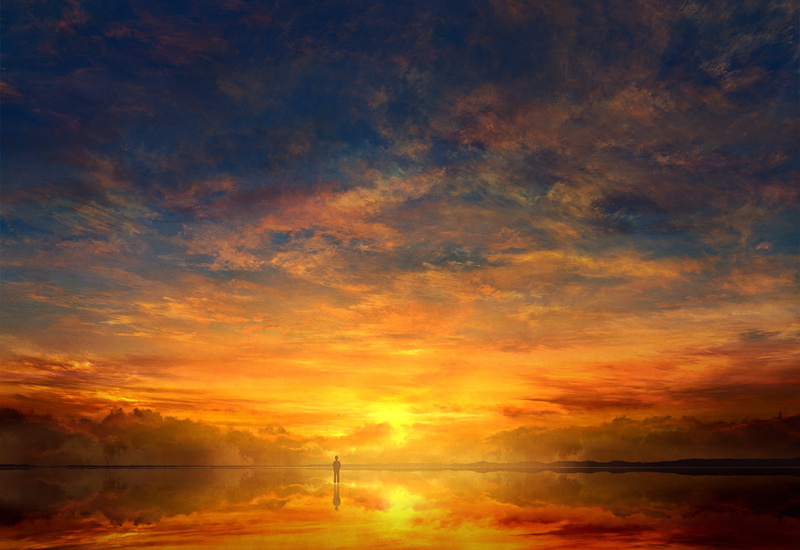 sunlight, reflection, skyscape, sky, anime, horizon, Anime Grasoso, artwork, clouds, landscape, 720P