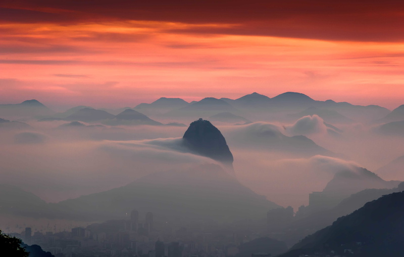 nature, landscape, Rio de Janeiro, sunset, orange sky, 5K, skyscape, city, mountains