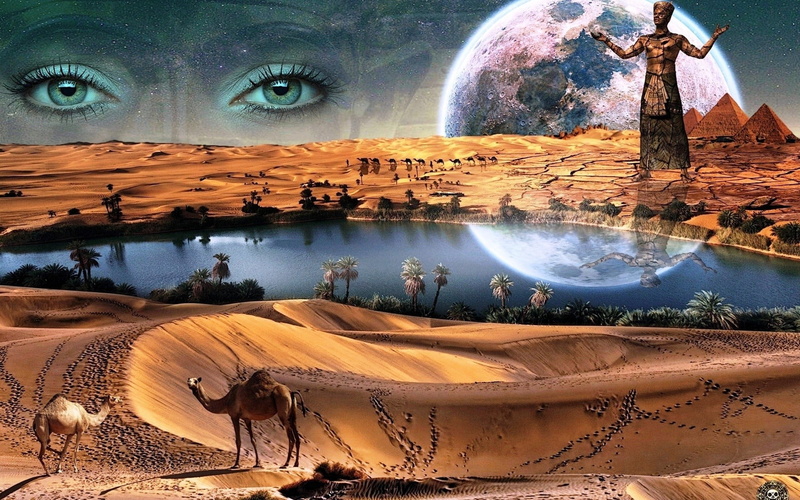 camels, landscape, digital art, scenics - nature, vertebrate, nature, 1080P, desert, reflection, pyramid, group of animals, climate, animal, domestic animals