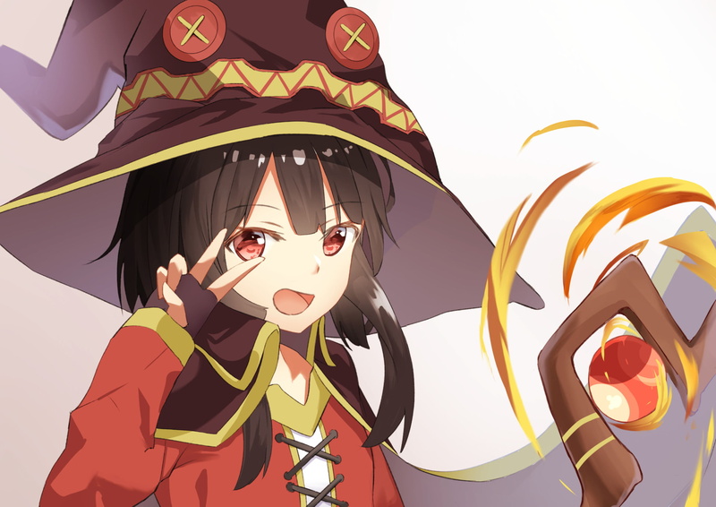 KonoSuba – God’s blessing on this wonderful world!!, Black Hair, Smile, Girl, Anime, 1080P, Staff, Face, Megumin (KonoSuba), Witch Hat, Red Eyes