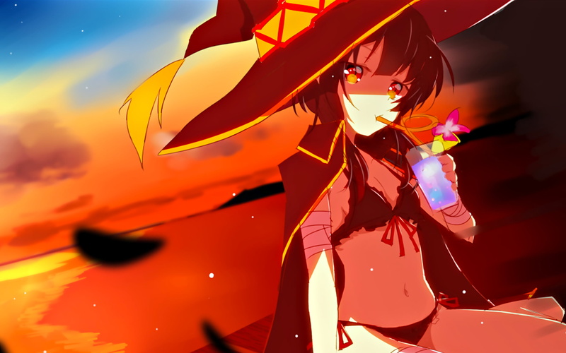 drinking, anime girls, beach, Megumin, digital art, KonoSuba – God’s blessing on this wonderful world!!, fan art, bangs, black bikinis, short hair, brunette