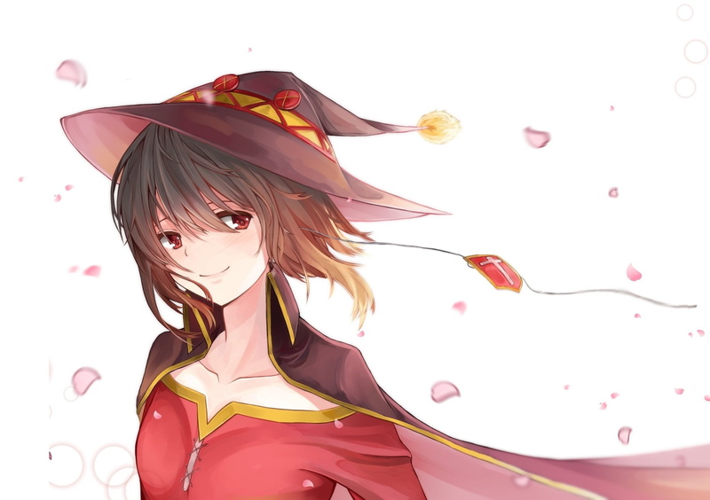 Witch, lifestyles, hat, KonoSuba – God’s blessing on this wonderful world!!, beautiful woman, white background, pink color, front view, Megumin (KonoSuba)