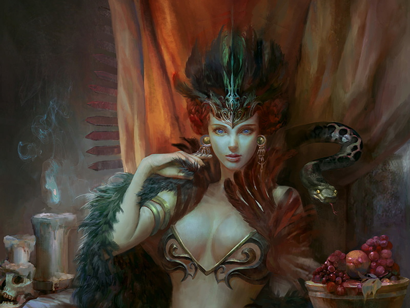 Boa, Fantasy, Blue Eyes, Gods, 720P, Candle, Woman, Fruit, Snake, Red Hair, Headdress