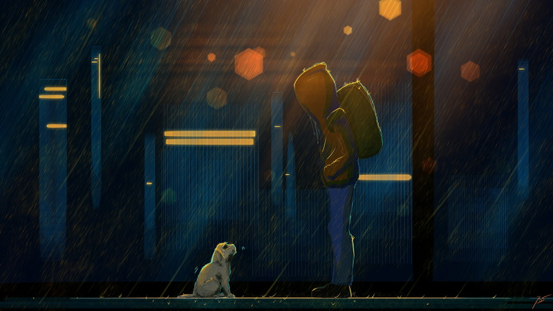 rain, 2K, dog, JoeyJazz, backpack, dark, animals, artwork