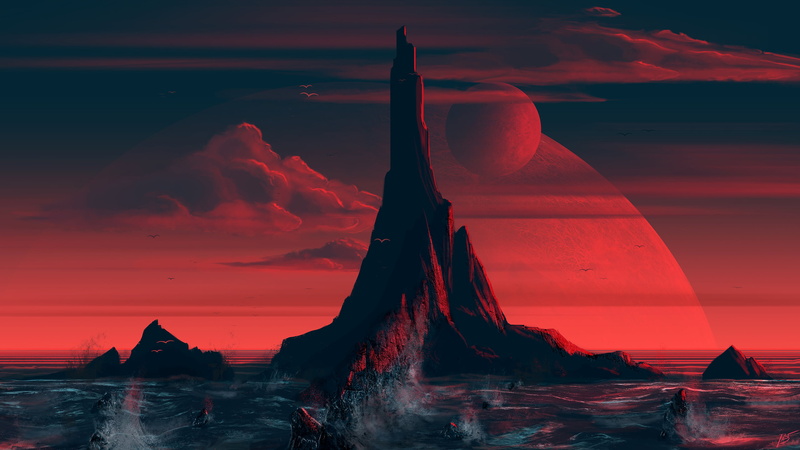 landscape, island, JoeyJazz, clouds, dark, sea, 2K, artwork, digital art