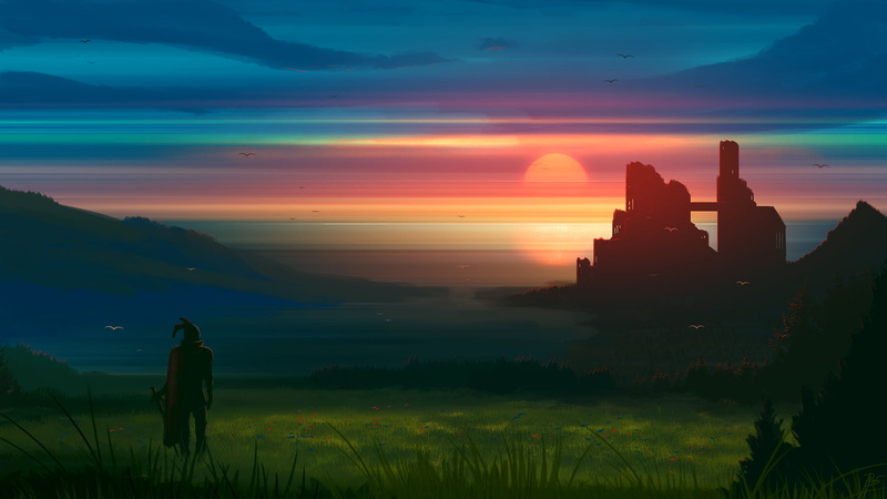landscape, JoeyJazz, knight, ruins, 2K