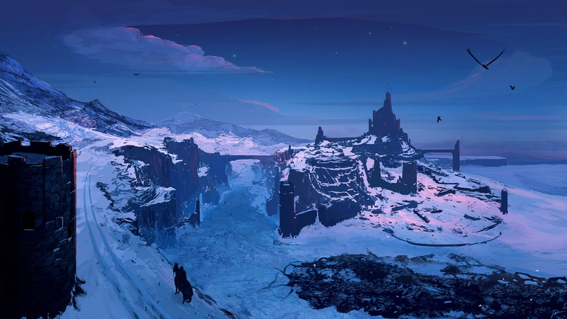 dark ages, winter, fantasy art, ruins, landscape, 2K, JoeyJazz, snow