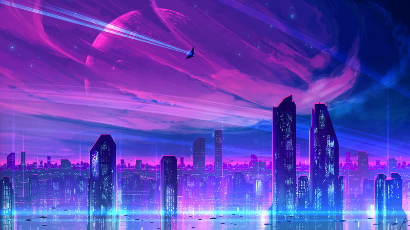 2K, futuristic, sky, JoeyJazz, digital painting, cityscape, science fiction, neon