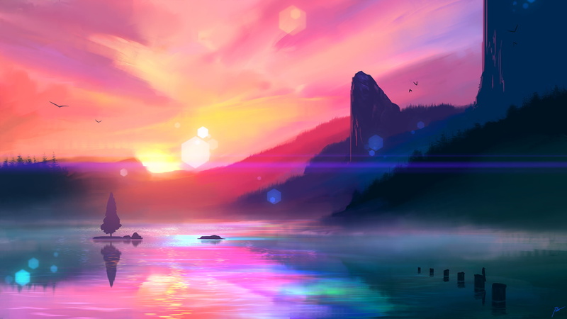 sunset, digital art, landscape, JoeyJazz, 2K