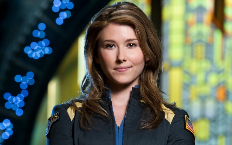 actress, jacket, emotion, brunette, young adult, smiling, Jewel Staite, illuminated, beautiful woman, black, s, long hair, Stargate, 1080P, zip, women