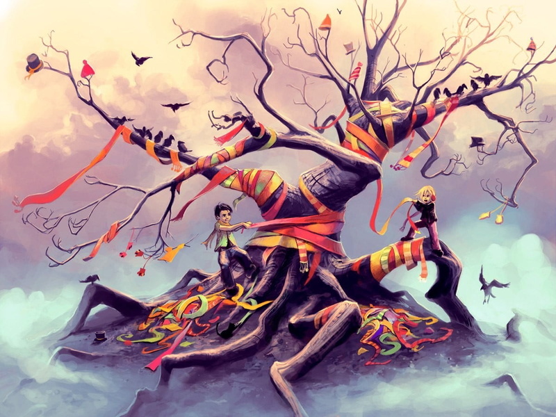 illustration, human representation, bare, 480P, tree, no people, creativity, children, day, girl, bare tree, birds, art and craft, representation, roots