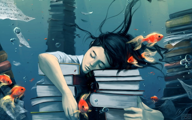 fantasy art, vertebrate, artwork, marine, one person, animal wildlife, bubbles, books, AquaSixio, underwater, goldfish, glass - material, animals in captivity