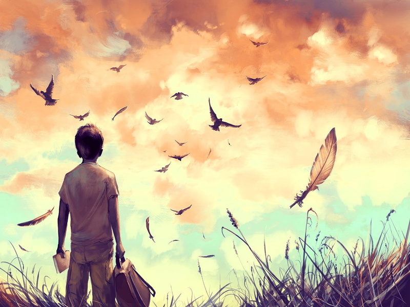 birds, children, 720P, books, sky, AquaSixio, artwork, grass, backpacks, feathers, animals