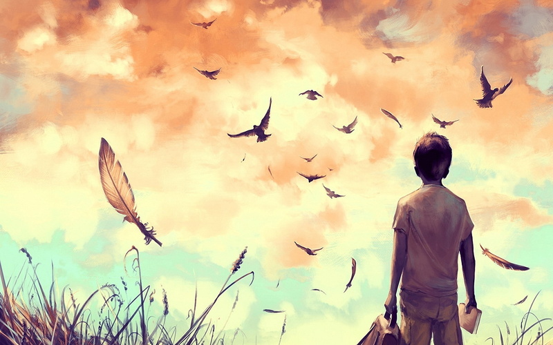 artwork, birds, children, 1080P, AquaSixio, feathers