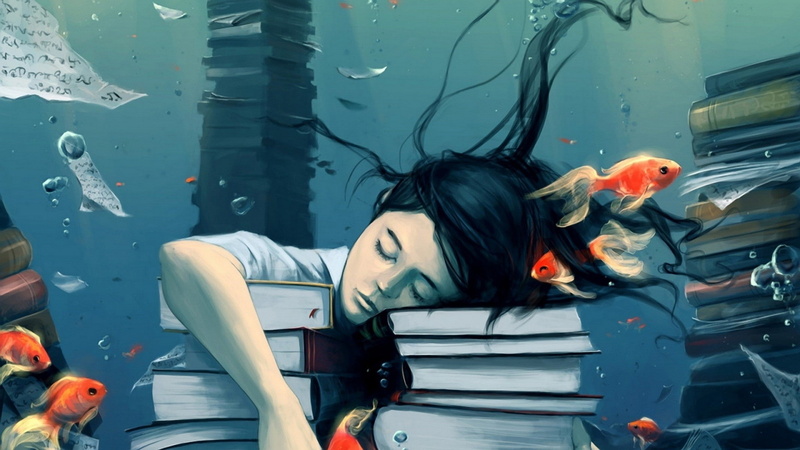 artwork, fantasy art, goldfish, closed eyes, psychedelic, AquaSixio, bubbles, paper, drawing, original characters, underwater, 1080P, books, fish, fantasy