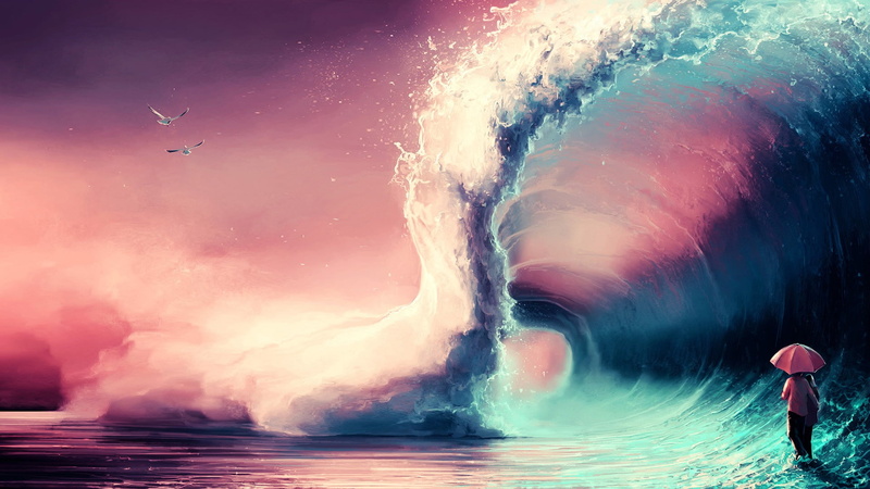sea, fantasy art, 1080P, AquaSixio, seagulls, umbrella, colorful, waves