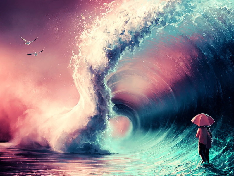 pink, fantasy art, 480P, sea, artwork, drawing, waves, umbrella, seagulls, AquaSixio, blue
