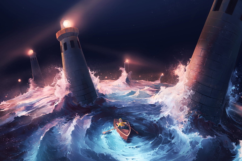 boat, dark, lighthouse, storm, 720P, AquaSixio, waves, night, stars, water, children