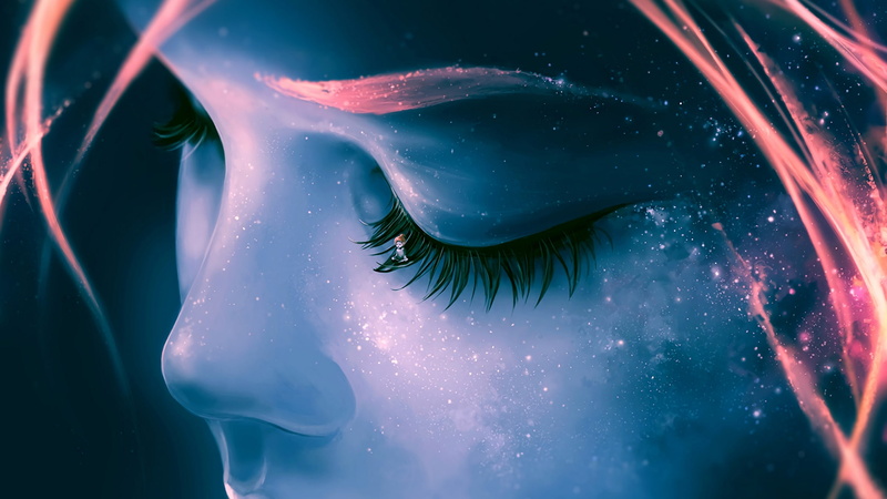 pink, eyelashes, luminos, art, aquasixio, sleep, Sweet sleep, fantasy, girl, 2K, blue