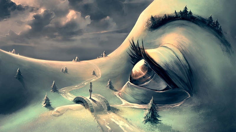 1080P, artwork fantasy art women hill forest surreal aquasixio eyes bridge