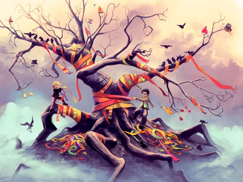 AquaSixio, children, roots, ribbon, birds, Trees, artwork, 480P